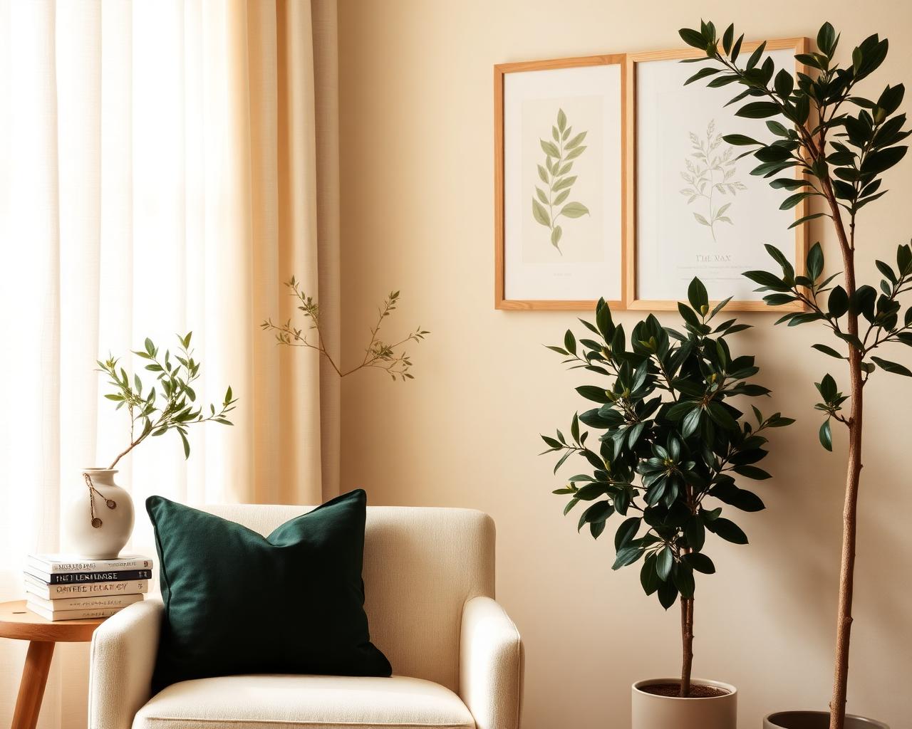 Calm therapy office with cream armchair, plants and natural light